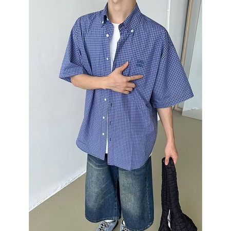 Men's Blue Plaid Shirt Short-Sleeved Summer Jacket